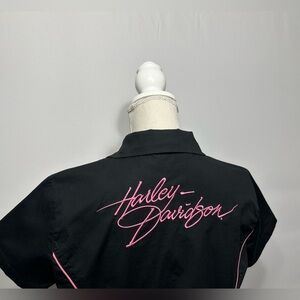 Harley-Davidson Womens M Short Sleeve Zip Up Shirt Black /Pink Embroidered Biker